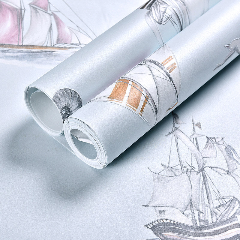 Nautical Sailboat Wallpaper Novelty Non-Woven Texture Wall Decor in Pastel Color Clearhalo 'Wall Decor' 'Wallpaper' 1206268