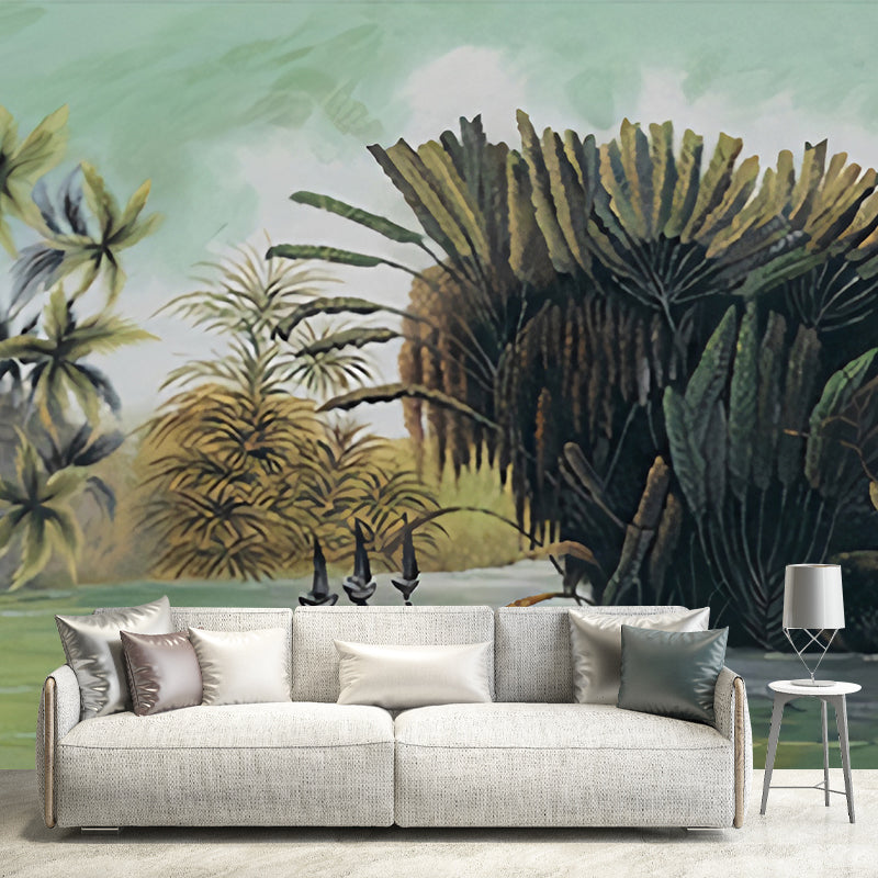 Tropix Plant Lake Park Murals Green and Yellow Washable Wall Covering for Living Room Clearhalo 'Wall Decor' 'Wall Mural' 1206939