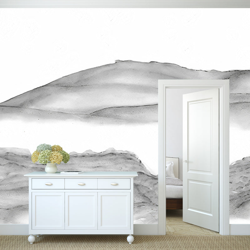 Minimalist Mountains Drawing Mural Decal Grey and White Dining Room Wall Art, Custom Printed Gray-White Clearhalo 'Wall Decor' 'Wall Mural' 1206947