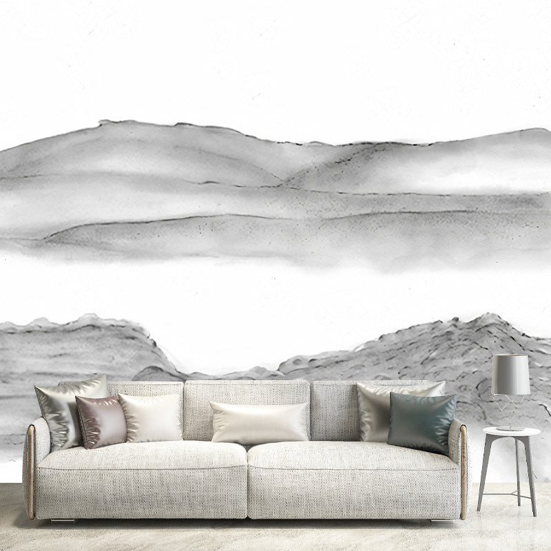 Minimalist Mountains Drawing Mural Decal Grey and White Dining Room Wall Art, Custom Printed Clearhalo 'Wall Decor' 'Wall Mural' 1206949