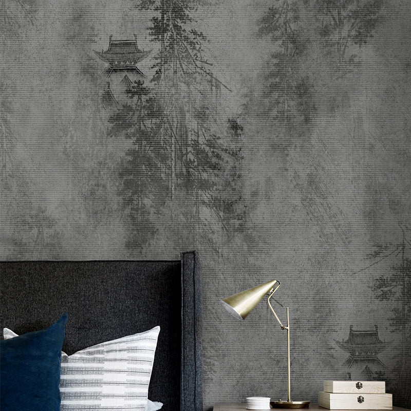 Customized Illustration Chinese Murals with Pagoda in Misty Mountain Painting Pattern in Grey Grey Clearhalo 'Wall Decor' 'Wall Mural' 1206952