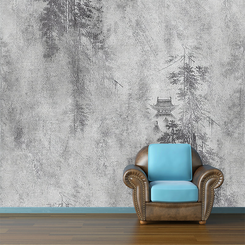 Customized Illustration Chinese Murals with Pagoda in Misty Mountain Painting Pattern in Grey Clearhalo 'Wall Decor' 'Wall Mural' 1206953