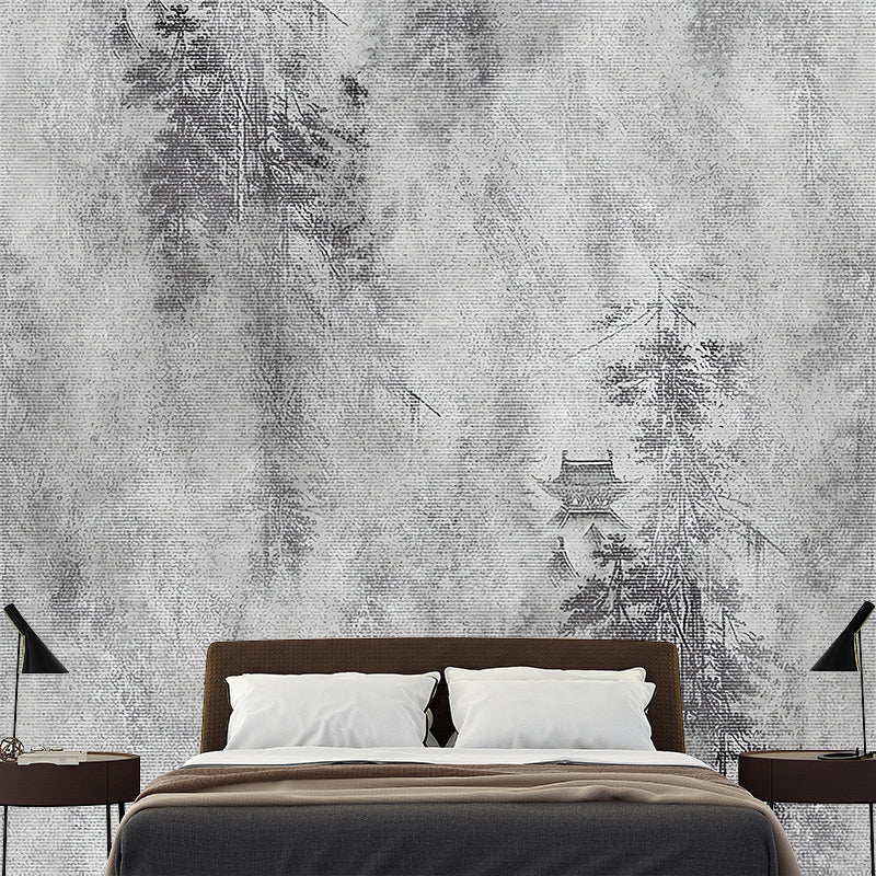 Customized Illustration Chinese Murals with Pagoda in Misty Mountain Painting Pattern in Grey Clearhalo 'Wall Decor' 'Wall Mural' 1206954