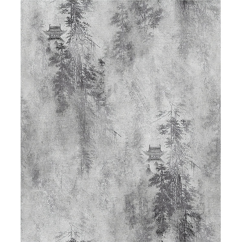 Customized Illustration Chinese Murals with Pagoda in Misty Mountain Painting Pattern in Grey Clearhalo 'Wall Decor' 'Wall Mural' 1206955