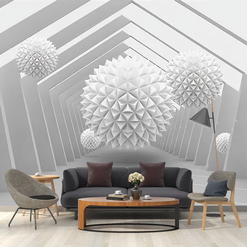 Large 3D Visual Wall Murals White Ball and Polygon Pathway Pattern Wall Covering, Custom Printed Clearhalo 'Wall Decor' 'Wall Mural' 1207325