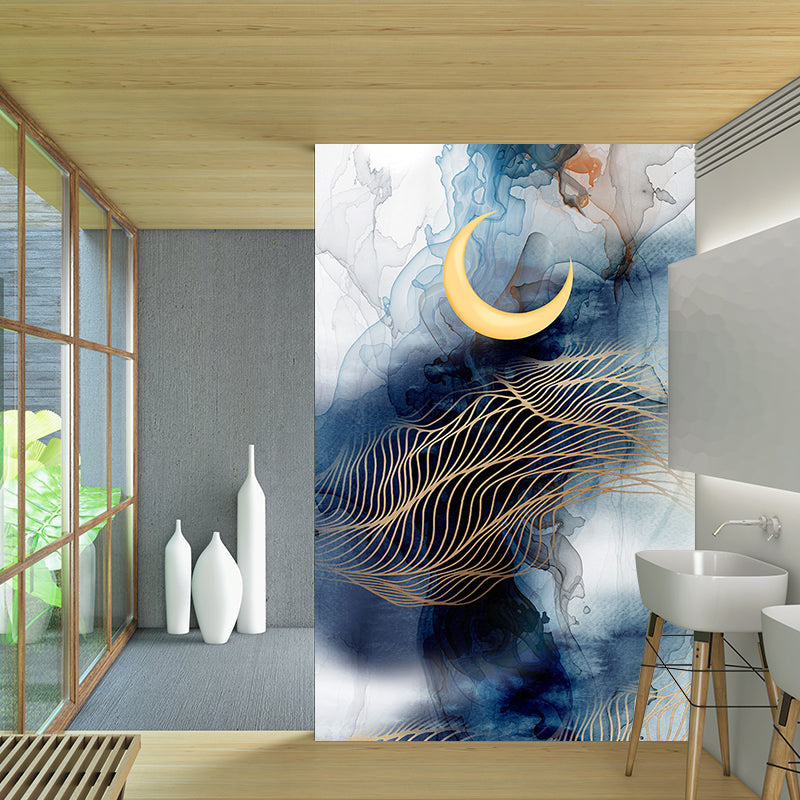 Abstract Moon-Mountain Painting Murals Contemporary Non-Woven Cloth Wall Art in Blue-Yellow Clearhalo 'Wall Decor' 'Wall Mural' 1207330