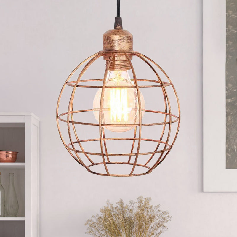 Retro Style Globe Ceiling Lamp 1 Head Metal Hanging Light Fixture with Wire Frame in Black/Copper Copper Clearhalo 'Art Deco Pendants' 'Black' 'Cast Iron' 'Ceiling Lights' 'Ceramic' 'Crystal' 'Industrial Pendants' 'Industrial' 'Metal' 'Middle Century Pendants' 'Pendant Lights' 'Pendants' 'Rustic Pendants' 'Tiffany' Lighting' 1207365