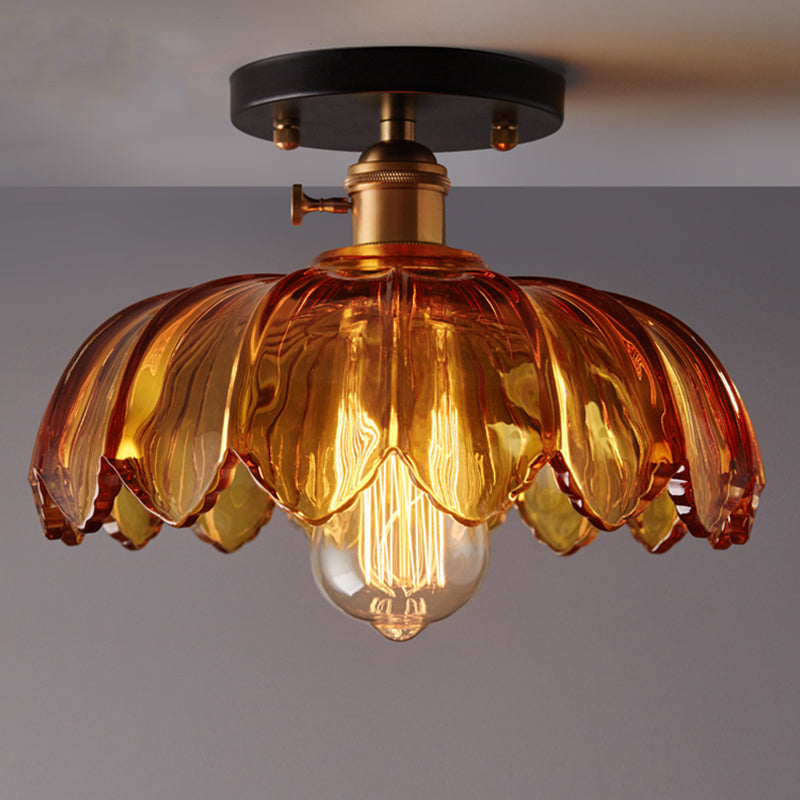 White/Amber One Light Ceiling Mount Industrial Prismatic Glass Scalloped Semi Flush Light Amber Clearhalo 'Ceiling Lights' 'Close To Ceiling Lights' 'Close to ceiling' 'Glass shade' 'Glass' 'Semi-flushmount' Lighting' 1207668