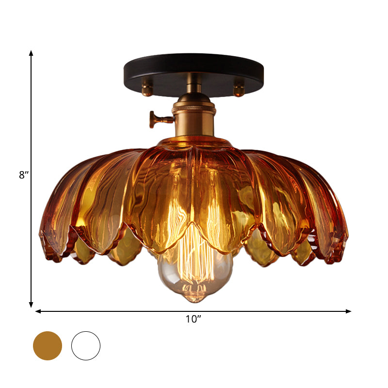 White/Amber One Light Ceiling Mount Industrial Prismatic Glass Scalloped Semi Flush Light Clearhalo 'Ceiling Lights' 'Close To Ceiling Lights' 'Close to ceiling' 'Glass shade' 'Glass' 'Semi-flushmount' Lighting' 1207672