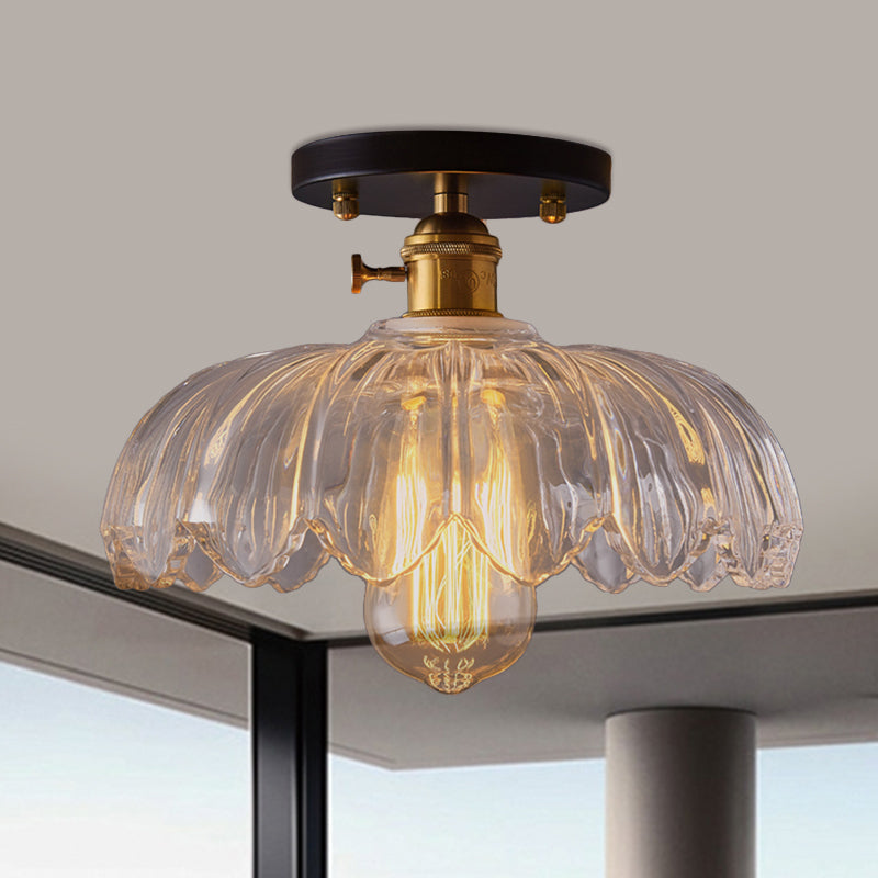 White/Amber One Light Ceiling Mount Industrial Prismatic Glass Scalloped Semi Flush Light White Clearhalo 'Ceiling Lights' 'Close To Ceiling Lights' 'Close to ceiling' 'Glass shade' 'Glass' 'Semi-flushmount' Lighting' 1207673