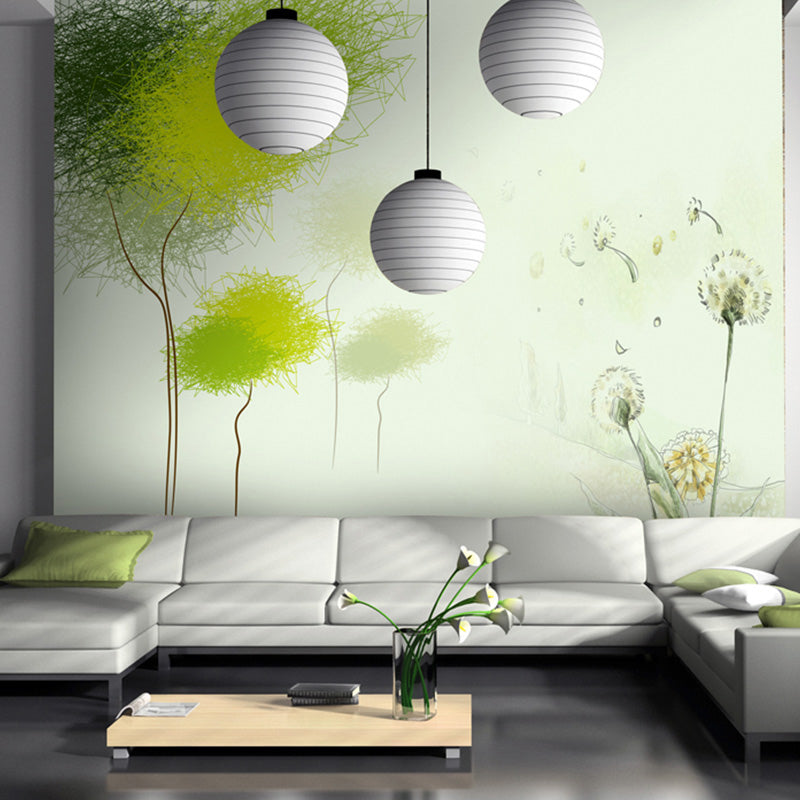 Tree and Dandelion Plant Mural Decal Nordic Style Smooth Wall Art in Green for Living Room Green Clearhalo 'Wall Decor' 'Wall Mural' 1208239