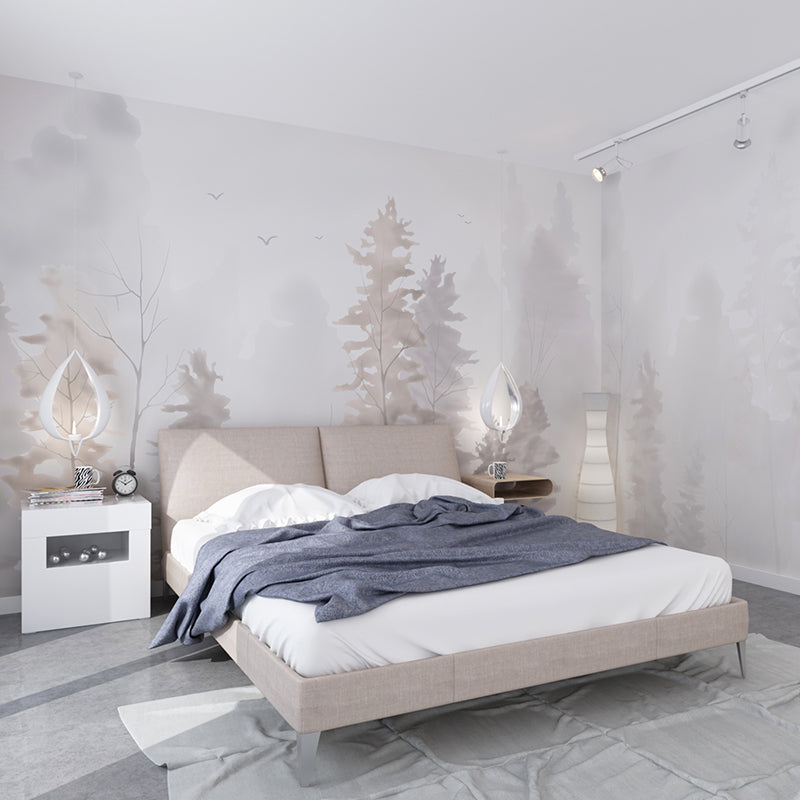 Waterproof Foggy Pine Forest Murals Customized Scandinavian Wall Decor for Bedroom Cream Gray Clearhalo 'Wall Decor' 'Wall Mural' 1208247