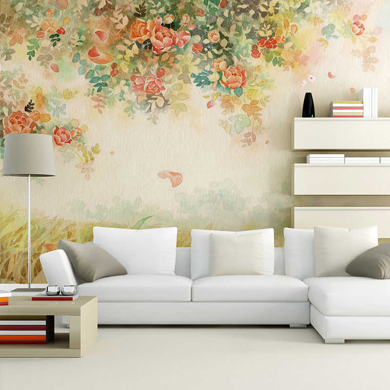 Nordic Girls Wallpaper Murals with Peony Tree and Grassland Pattern Pink-Yellow-Green Wall Art Clearhalo 'Wall Decor' 'Wall Mural' 1208253