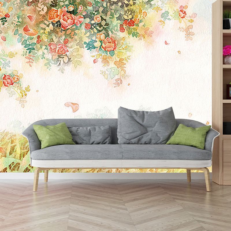 Nordic Girls Wallpaper Murals with Peony Tree and Grassland Pattern Pink-Yellow-Green Wall Art Clearhalo 'Wall Decor' 'Wall Mural' 1208254