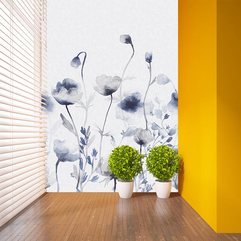 Blue Camellia Painting Mural Wallpaper Flower Trendy Stain Resistant Wall Covering for Home Clearhalo 'Wall Decor' 'Wall Mural' 1208269