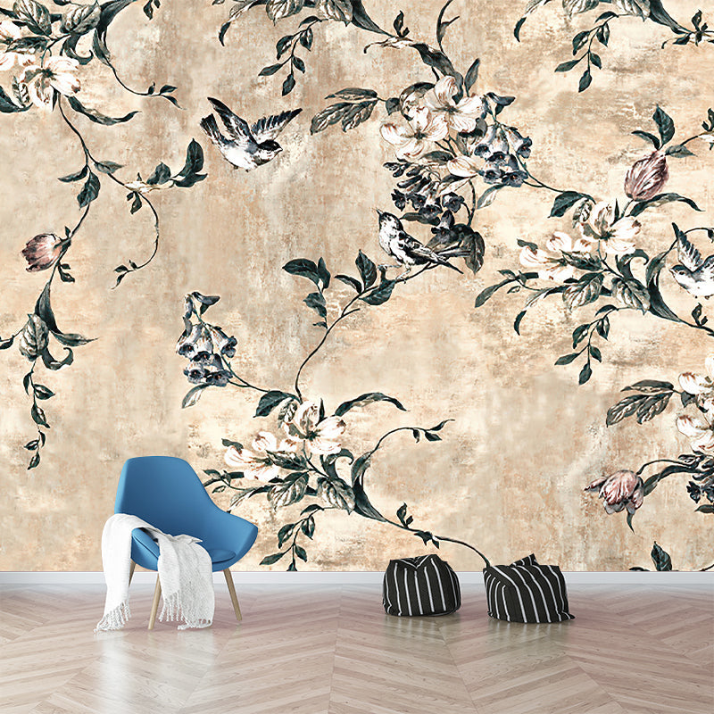 Pastel Color Chinese Style Murals Whole Bird and Peach Branch Patterned Wall Decor for Bedroom Clearhalo 'Wall Decor' 'Wall Mural' 1209187