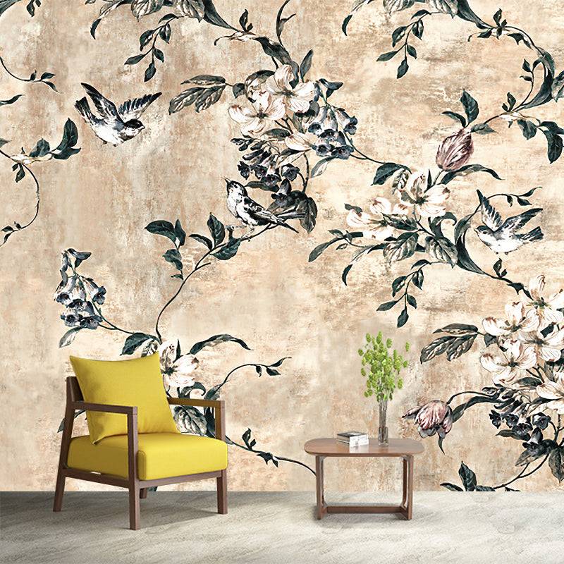 Pastel Color Chinese Style Murals Whole Bird and Peach Branch Patterned Wall Decor for Bedroom Clearhalo 'Wall Decor' 'Wall Mural' 1209188