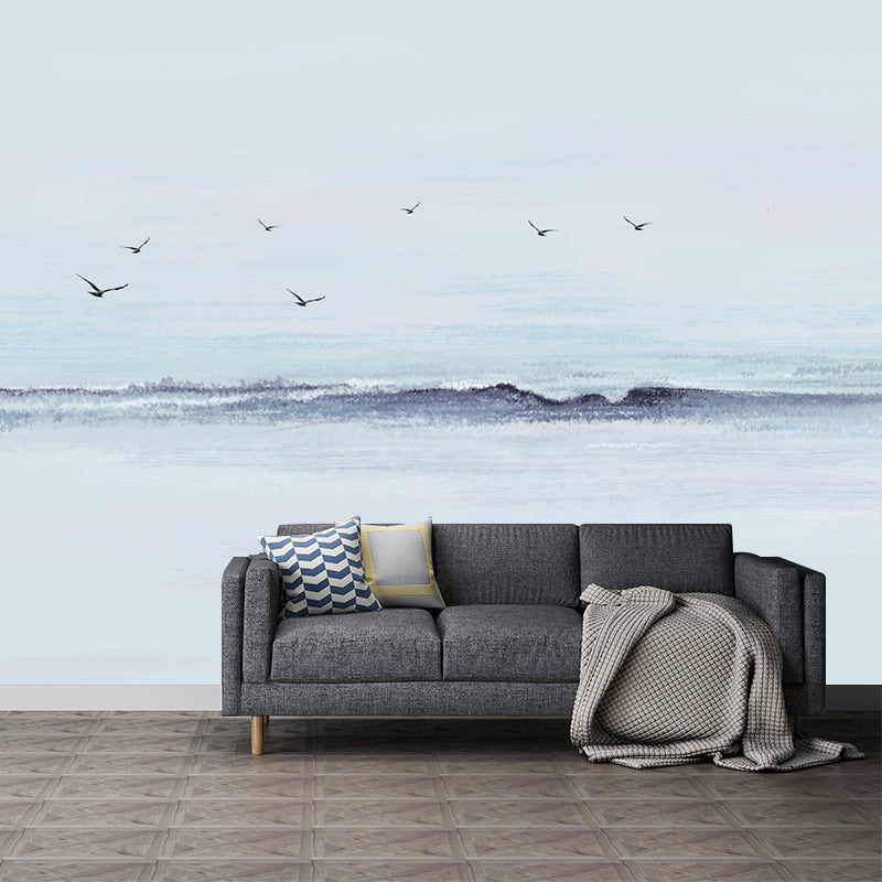 Modern Gull and Sea Surf Murals for Living Room Customized Wall Decor in Grey-Blue Gray-Blue Clearhalo 'Wall Decor' 'Wall Mural' 1209293