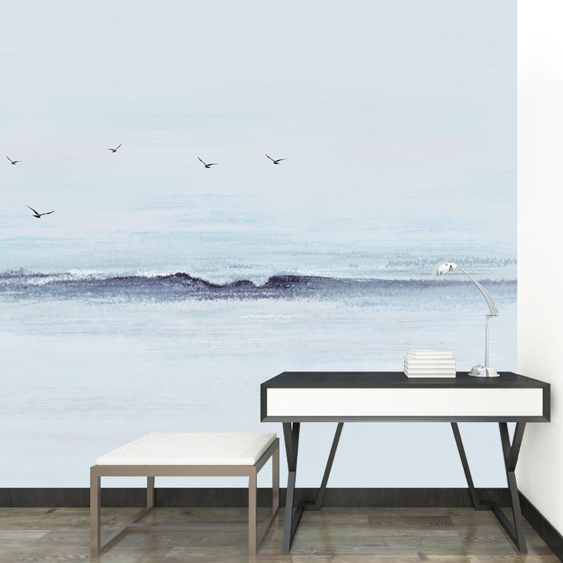 Modern Gull and Sea Surf Murals for Living Room Customized Wall Decor in Grey-Blue Clearhalo 'Wall Decor' 'Wall Mural' 1209294