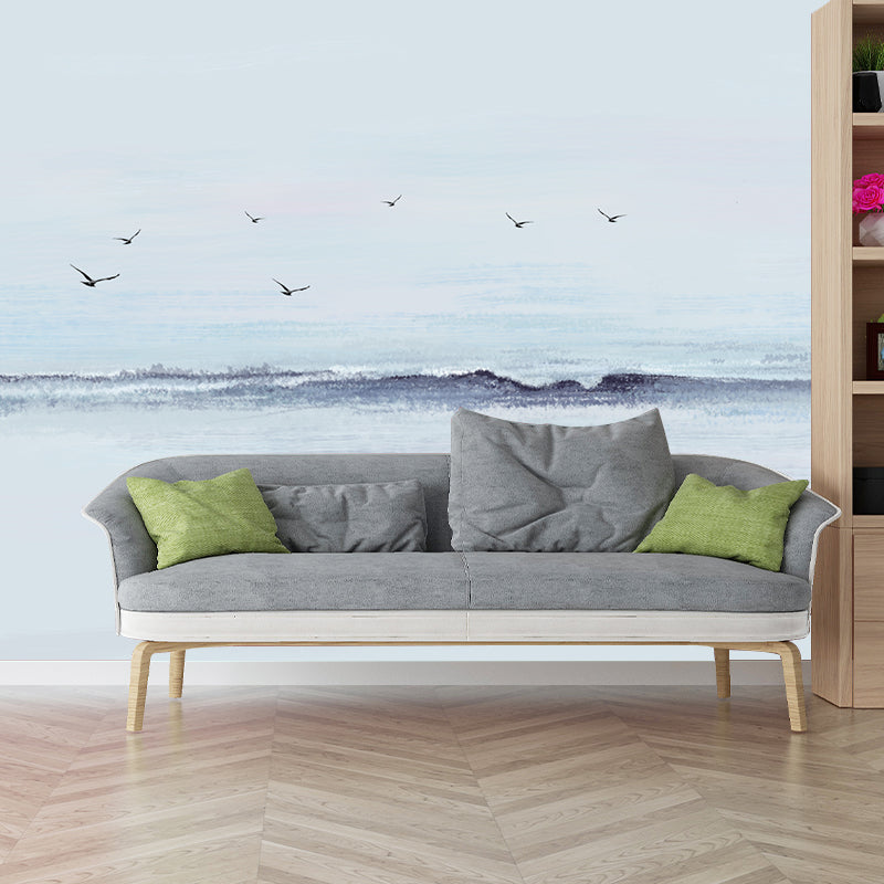 Modern Gull and Sea Surf Murals for Living Room Customized Wall Decor in Grey-Blue Clearhalo 'Wall Decor' 'Wall Mural' 1209295