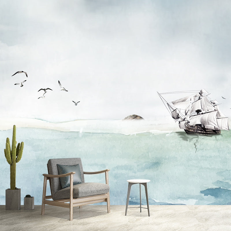 Sea Painting Sailing Vessel Mural Wallpaper Nautical Non-Woven Cloth Wall Art in Grey-Blue Gray-Blue Clearhalo 'Wall Decor' 'Wall Mural' 1209301