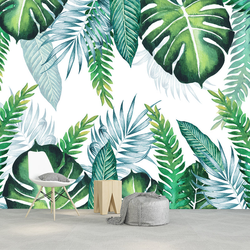 Custom Illustration Tropics Wall Murals with Plant Leaves Pattern, Green, Custom Made Green Clearhalo 'Wall Decor' 'Wall Mural' 1209317