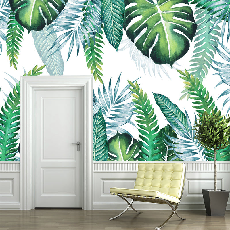 Custom Illustration Tropics Wall Murals with Plant Leaves Pattern, Green, Custom Made Clearhalo 'Wall Decor' 'Wall Mural' 1209319