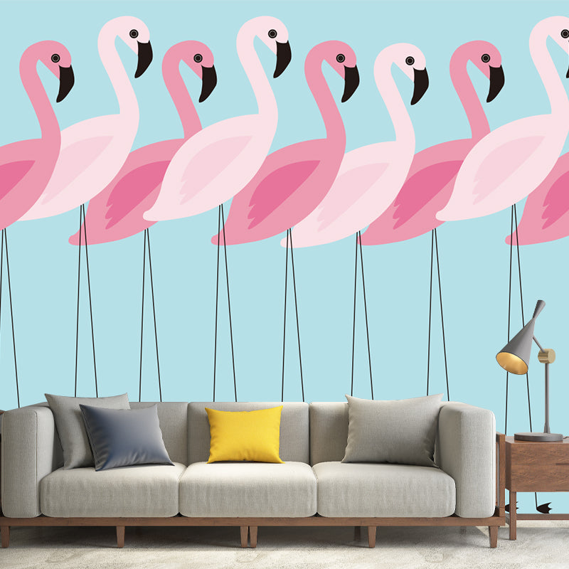 Pink Flamingo Wall Paper Murals Animal Tropix Waterproof Wall Covering on Blue for Home Pink-Blue Clearhalo 'Wall Decor' 'Wall Mural' 1209328