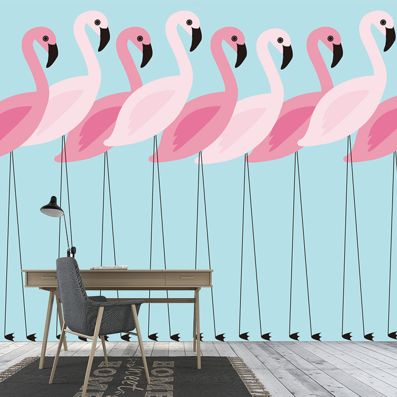 Pink Flamingo Wall Paper Murals Animal Tropix Waterproof Wall Covering on Blue for Home Clearhalo 'Wall Decor' 'Wall Mural' 1209329