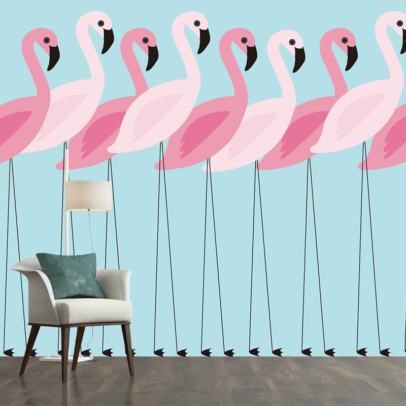 Pink Flamingo Wall Paper Murals Animal Tropix Waterproof Wall Covering on Blue for Home Clearhalo 'Wall Decor' 'Wall Mural' 1209330