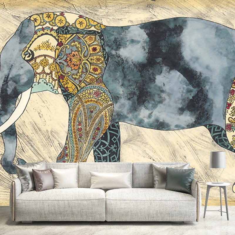 Boho-Chic Elephant Wall Mural Decal Blue-Brown Waterproof Wall Covering for Living Room Blue-Brown Clearhalo 'Wall Decor' 'Wall Mural' 1209342