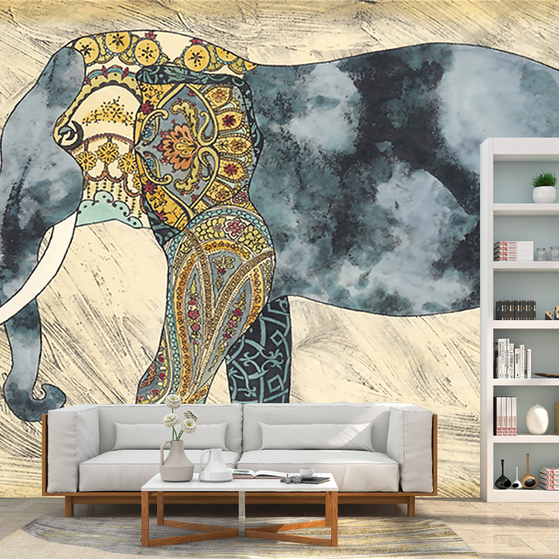 Boho-Chic Elephant Wall Mural Decal Blue-Brown Waterproof Wall Covering for Living Room Clearhalo 'Wall Decor' 'Wall Mural' 1209343