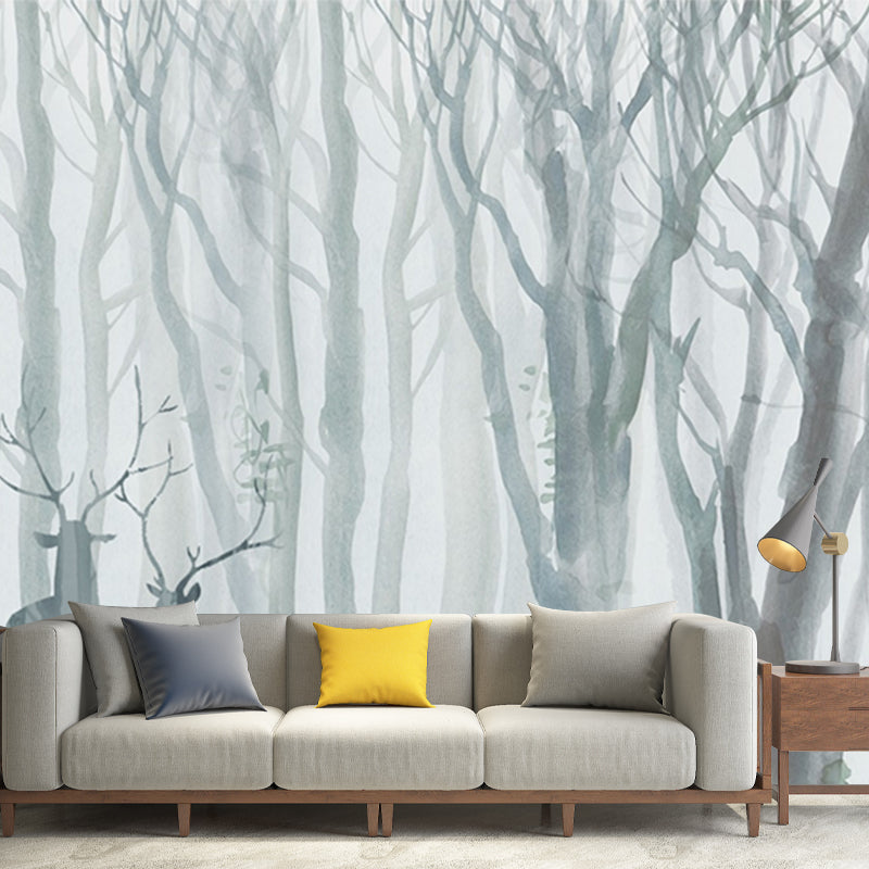 Grey-Blue Scandinavian Mural Wallpaper Full-Size Deer in Winter Forest Wall Art for Bedroom Gray-Blue Clearhalo 'Wall Decor' 'Wall Mural' 1209347