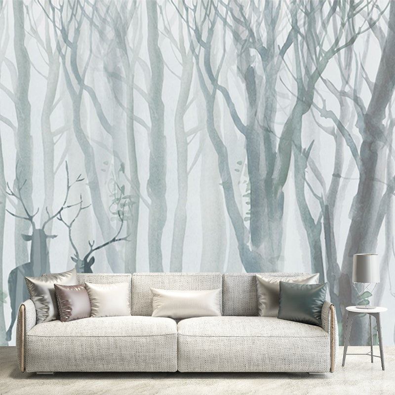 Grey-Blue Scandinavian Mural Wallpaper Full-Size Deer in Winter Forest Wall Art for Bedroom Clearhalo 'Wall Decor' 'Wall Mural' 1209348