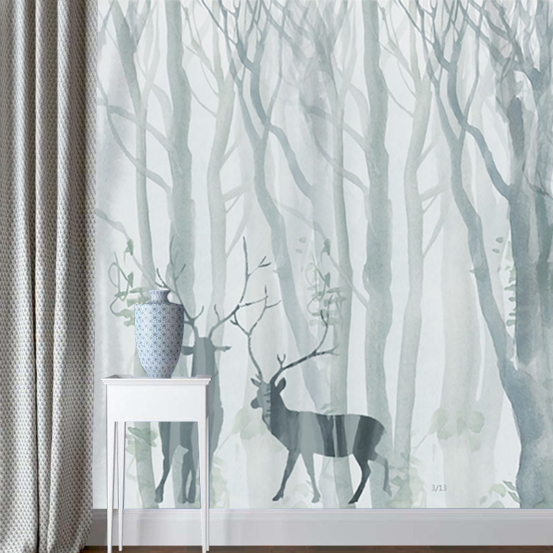 Grey-Blue Scandinavian Mural Wallpaper Full-Size Deer in Winter Forest Wall Art for Bedroom Clearhalo 'Wall Decor' 'Wall Mural' 1209349