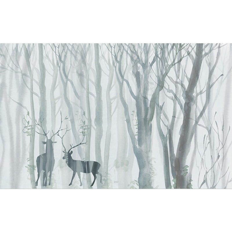 Grey-Blue Scandinavian Mural Wallpaper Full-Size Deer in Winter Forest Wall Art for Bedroom Clearhalo 'Wall Decor' 'Wall Mural' 1209350