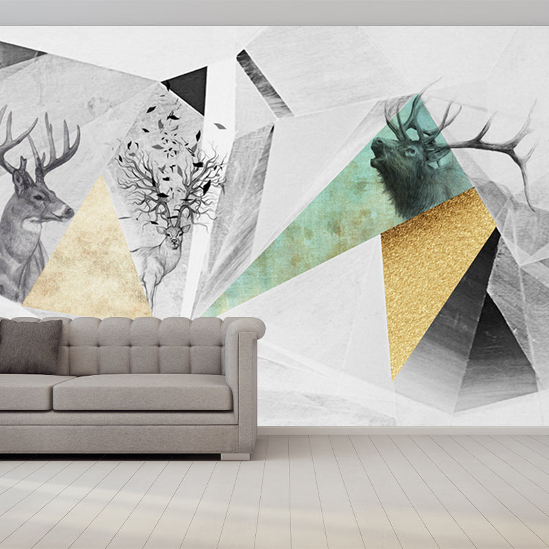 Nordic Geometric Deer Wall Murals Grey and Yellow Stain Resistant Wall Decor for Home Clearhalo 'Wall Decor' 'Wall Mural' 1209357