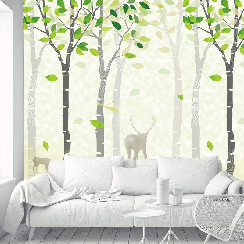 Deer in Spring Forest Murals Yellow-Green Nordic Style Wall Covering for Living Room Yellow-Green Clearhalo 'Wall Decor' 'Wall Mural' 1209360