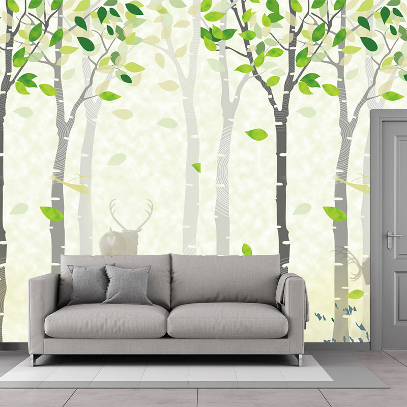 Deer in Spring Forest Murals Yellow-Green Nordic Style Wall Covering for Living Room Clearhalo 'Wall Decor' 'Wall Mural' 1209361