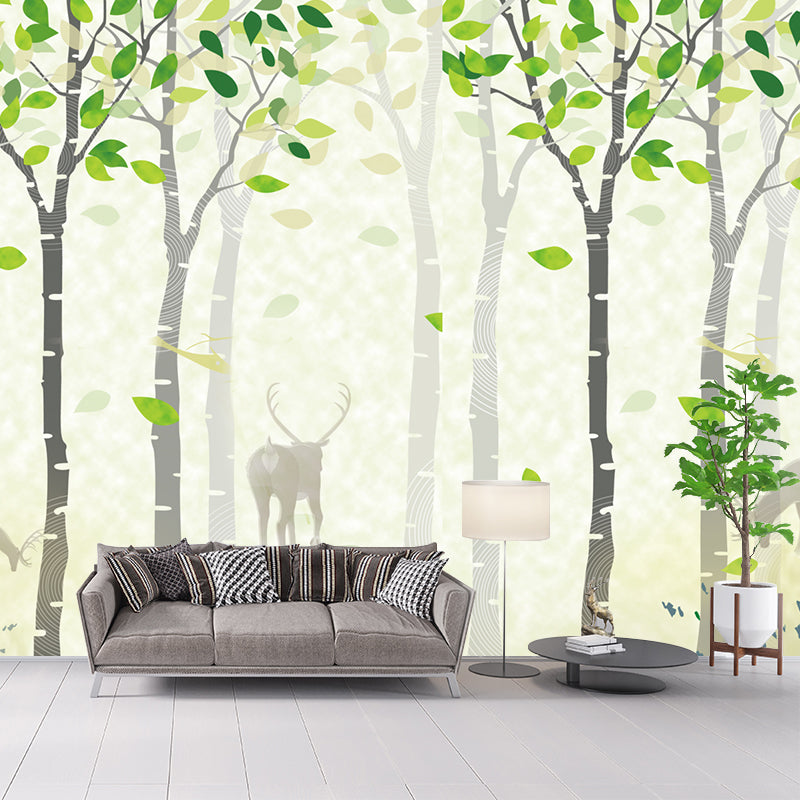 Deer in Spring Forest Murals Yellow-Green Nordic Style Wall Covering for Living Room Clearhalo 'Wall Decor' 'Wall Mural' 1209362