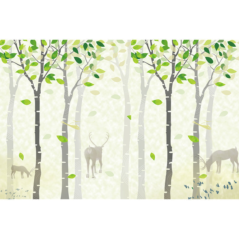 Deer in Spring Forest Murals Yellow-Green Nordic Style Wall Covering for Living Room Clearhalo 'Wall Decor' 'Wall Mural' 1209363