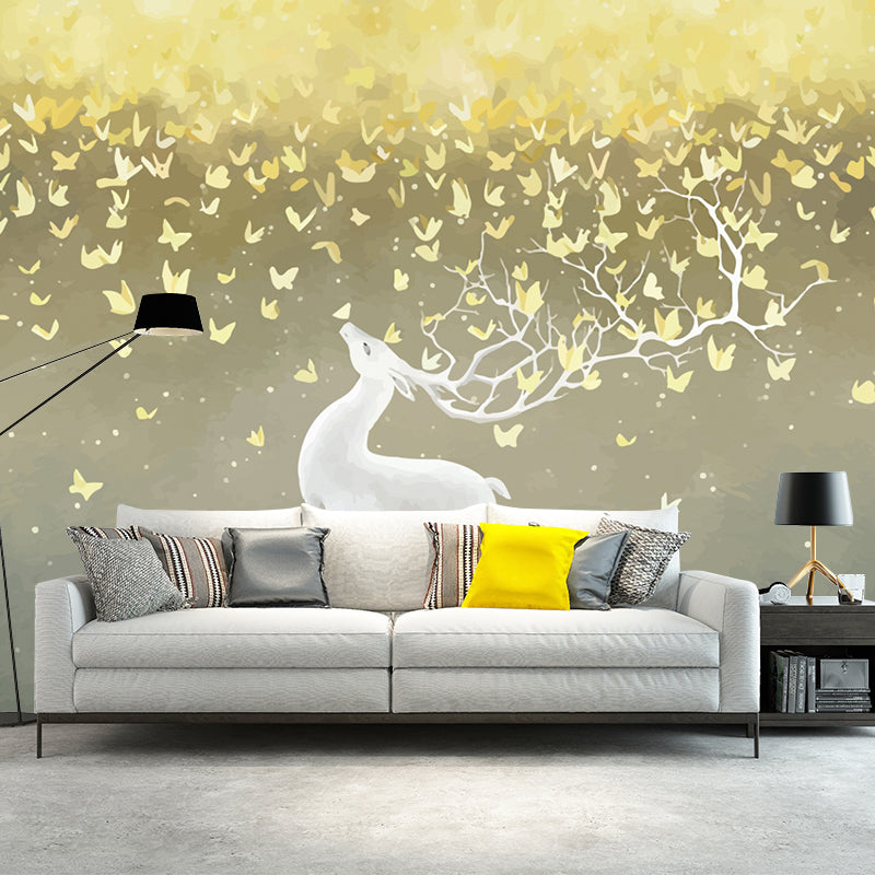 Illustration Deer and Butterfly Murals for Kids Bedroom, Grey-Yellow, Made to Measure Gray-Yellow Clearhalo 'Wall Decor' 'Wall Mural' 1209380