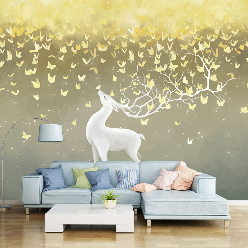 Illustration Deer and Butterfly Murals for Kids Bedroom, Grey-Yellow, Made to Measure Clearhalo 'Wall Decor' 'Wall Mural' 1209381