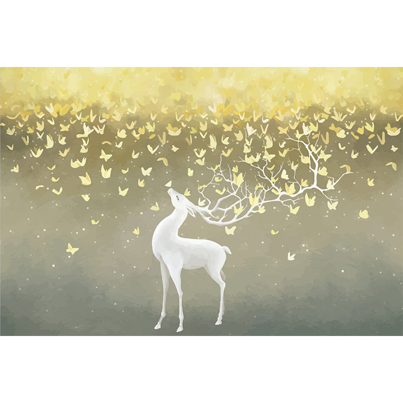 Illustration Deer and Butterfly Murals for Kids Bedroom, Grey-Yellow, Made to Measure Clearhalo 'Wall Decor' 'Wall Mural' 1209383