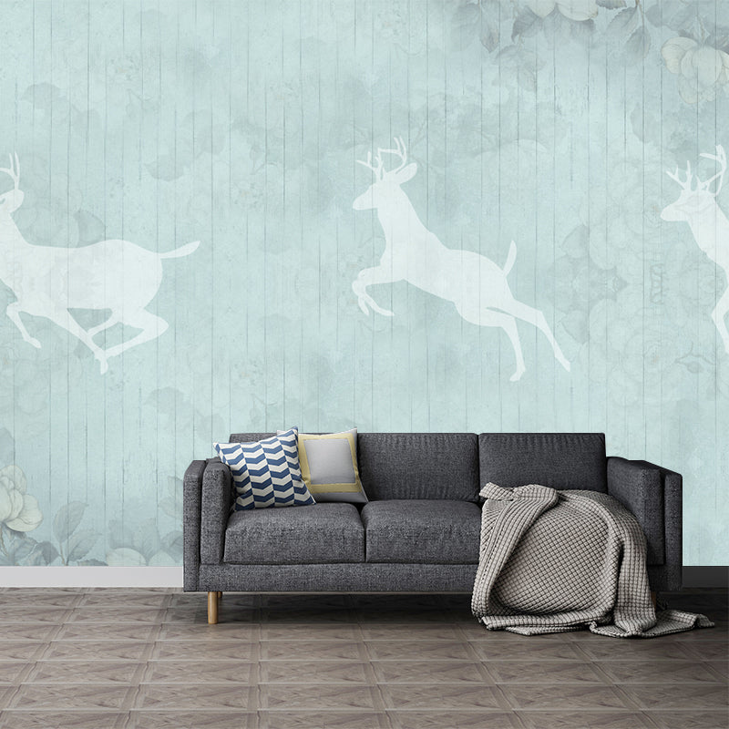 Minimalist Deer Silhouette Murals Wallpaper Grey-Blue Floral Print Wall Covering Gray Blue Clearhalo 'Wall Decor' 'Wall Mural' 1209385