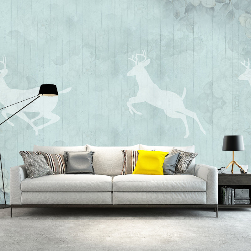 Minimalist Deer Silhouette Murals Wallpaper Grey-Blue Floral Print Wall Covering Clearhalo 'Wall Decor' 'Wall Mural' 1209386