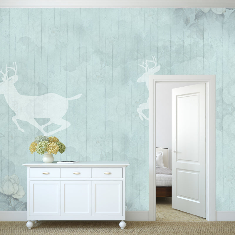 Minimalist Deer Silhouette Murals Wallpaper Grey-Blue Floral Print Wall Covering Clearhalo 'Wall Decor' 'Wall Mural' 1209387