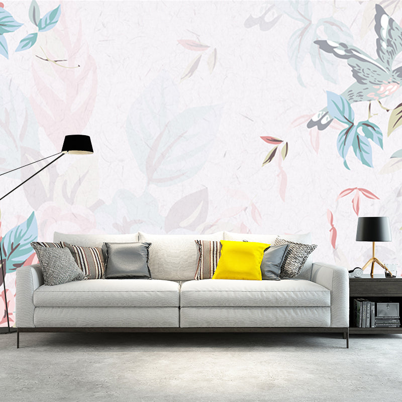 Contemporary Flowers Wall Paper Murals for Bedroom, Made to Measure Wall Decor in Pink and Blue Pink-Blue Clearhalo 'Wall Decor' 'Wall Mural' 1209402