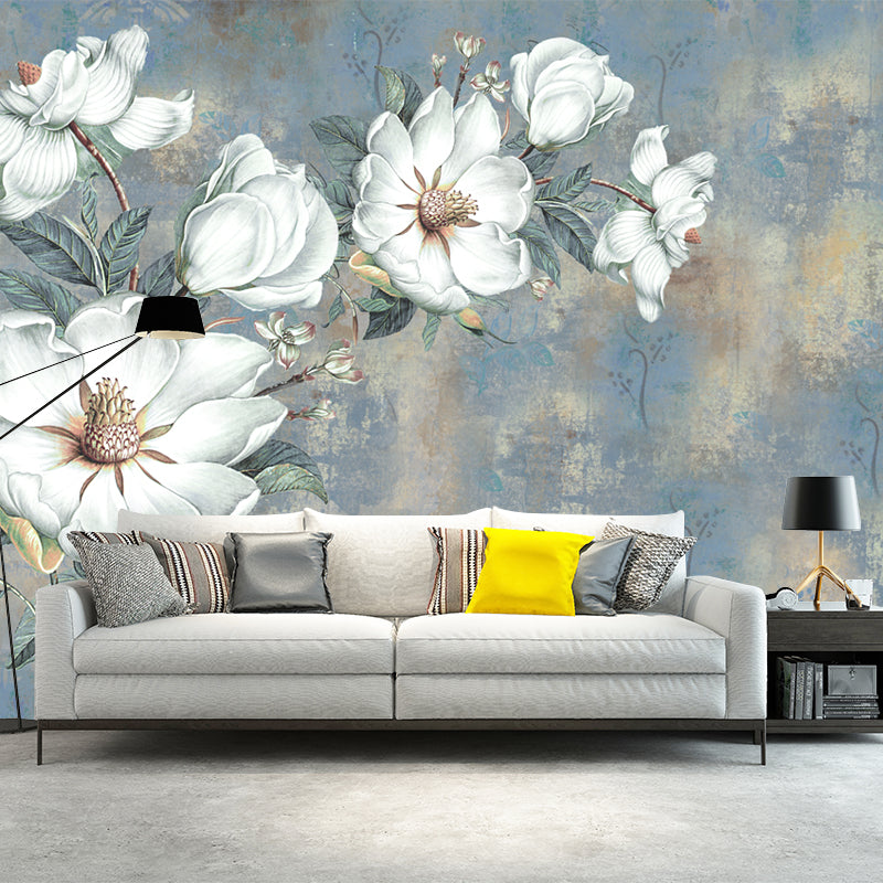 Illustration Flowers Wall Paper Murals Whole Wall Covering for Bedroom, Personalised Size Blue-White Clearhalo 'Wall Decor' 'Wall Mural' 1209428