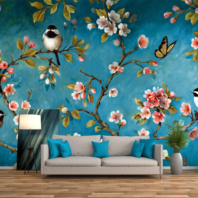 Pink-Blue Birds Mural Decal Branch with Florets Eco-Friendly Wall Art for Bedroom Pink-Blue Clearhalo 'Wall Decor' 'Wall Mural' 1209433